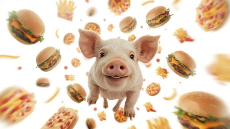 A joyful pig is airborne, surrounded by various floating food items like burgers and fries. The playful atmosphere highlights a sense of fun and creativity in the sceneの素材