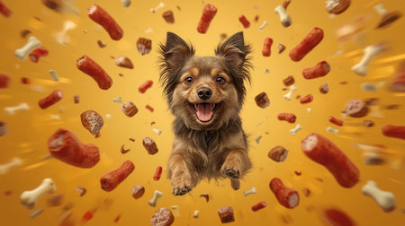 A joyful small dog leaps through the air surrounded by colorful bone-shaped treats on a bright orange background. The lively atmosphere captures moments of fun and funの素材