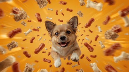 A joyful small dog leaps through the air surrounded by colorful bone-shaped treats on a bright orange background. The lively atmosphere captures moments of fun and funの素材