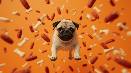 A joyful pug dog leaps in the air, surrounded by various floating dog treats, including bones and sausages, against a vibrant orange background, creating a playful atmosphere.の素材