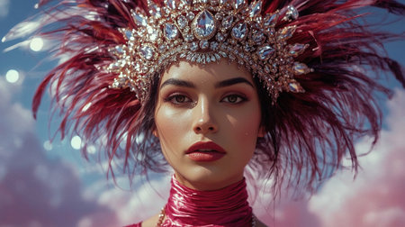 Brightly lit setting features a model with an elaborate feathered headpiece adorned with jewels. The background sparkles, enhancing her striking makeup and confident expressionの素材