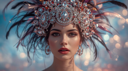 Brightly lit setting features a model with an elaborate feathered headpiece adorned with jewels. The background sparkles, enhancing her striking makeup and confident expressionの素材