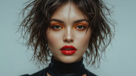 Model showcases bold makeup with vibrant colors in a studio setting during a fashion photoshoot.の素材