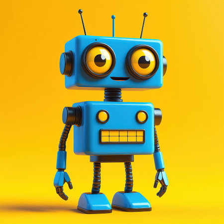 A blue robot with a boxy head and round eyes stands against a vibrant yellow background, showing its playful design and cheerful expression, capturing attention easilyの素材