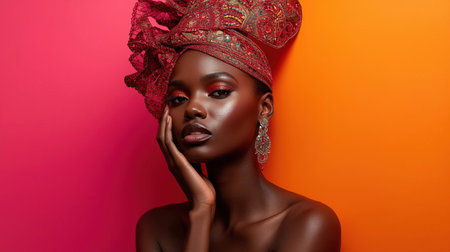 A woman of African American descent poses gracefully with a striking headpiece. The vibrant orange backdrop highlights her beauty and artistic flair, creating a powerful visual impactの素材