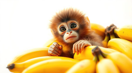 A small monkey with fluffy fur and large eyes is curiously looking over a stack of ripe bananas. The playful expression highlights its sense of adventure and interest in the fruitの素材