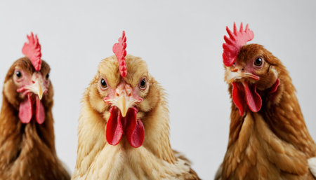 Three chickens are positioned closely together, showing their unique feather patterns and prominent combs. The focus is on their lively expressions and vibrant colors, creating an engaging view.の素材