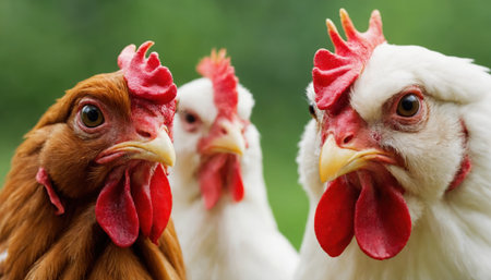 A vibrant group of chickens in various colors stands together in a green field under bright sunlight. Their lively presence brings energy to the serene farm environmentの素材