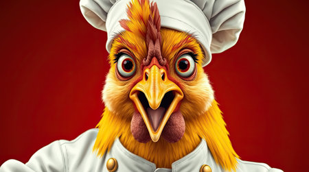 A chicken dressed as a chef stands confidently, wearing a white chef hat and coat. The bright red background adds a fun and lively touch to this quirky culinary scene.の素材