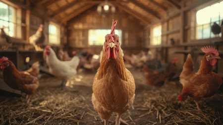 A rooster proudly stands at the forefront, surrounded by several hens in a spacious barn. Morning sunlight filters through, illuminating the scene filled with farm life.の素材