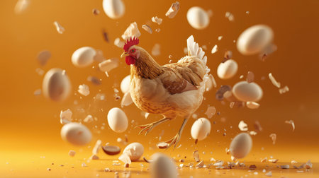 A lively chicken stands surrounded by floating eggs, set against a bright orange backdrop. The image captures a sense of motion and energy, showing the connection between chickens and eggs.の素材