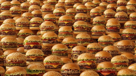 A vibrant arrangement of numerous burgers showcases fresh ingredients like lettuce, tomatoes, and cheese.の素材