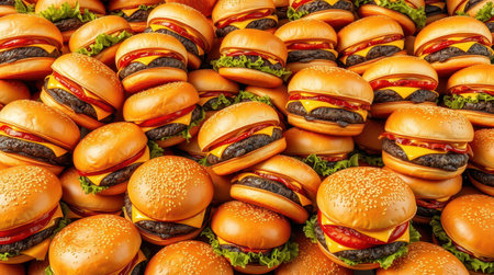 A vibrant arrangement of numerous burgers showcases fresh ingredients like lettuce, tomatoes, and cheese.の素材