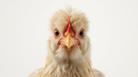 A close-up view captures the intricate details of a chicken's head, showing its soft feathers, bright eyes, and distinctive beak. The neutral background highlights its unique appearance.の素材