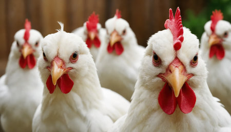 A group of chickens stands together in a farm environment under bright daylight. Their white feathers and red combs are prominent as they interact and move about.の素材