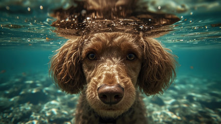 A poodle dog swims underwater in clear blue water on a sunny day, showing off its playful nature and vibrant surroundings.の素材