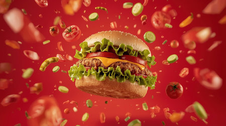 A tasty burger features a crispy chicken patty, melted cheese, lettuce, and fresh tomatoes, surrounded by colorful vegetables on a bold red backdrop, making it visually appealingの素材