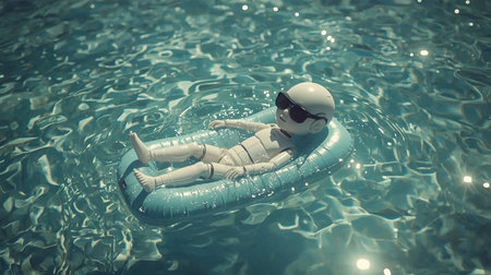 Robot relaxes on an inflatable raft in calm water during a sunny day at the beach.の素材