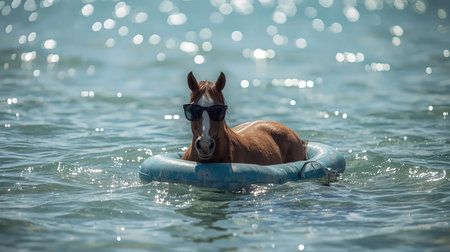 A horse sporting stylish sunglasses is lounging in a colorful pool float surrounded by tranquil water. It appears to enjoy a warm, sunny day by the beachの素材
