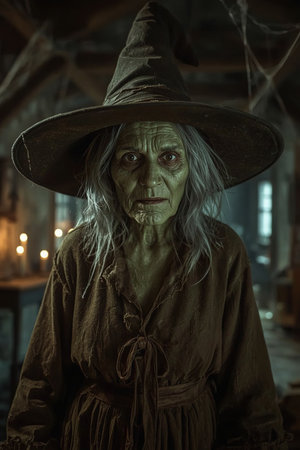 Mysterious witch stands in an eerie, dimly lit room with a haunting atmosphere.の素材