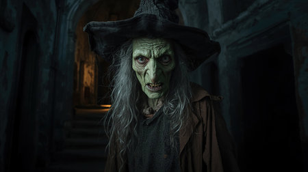 A wicked witch with long gray hair and a pointed hat looms in a dark hallway. The eerie atmosphere enhances her sinister gaze, evoking a sense of fear and mystery.の素材