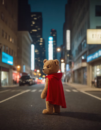 Superhero bear standing confidently on a city street during nighttime with bright lights in the backgroundの素材