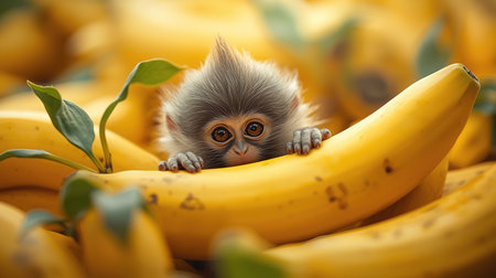 A small monkey with fluffy fur and large eyes is curiously looking over a stack of ripe bananas. The playful expression highlights its sense of adventure and interest in the fruitの素材