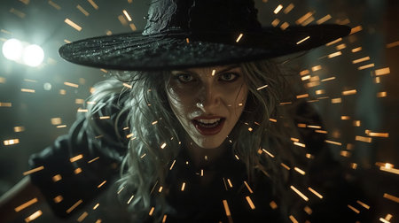 A powerful witch with wild hair and an intense expression conjures magic, surrounded by shimmering sparks and an enchanting atmosphere at duskの素材