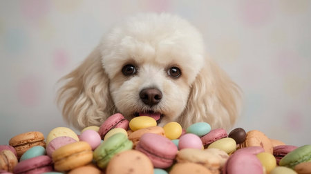 A poodle dog curiously gazes at a delightful variety of sweets. The setting is warm and inviting, decorated with vibrant colors and candies that catch the eye.の素材