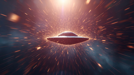 A detailed spaceship navigates a dark cosmic environment, surrounded by sparkling particles that create a dynamic and vibrant atmosphere. The scene evokes a sense of adventure and explorationの素材