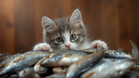 Curious kitten peeking out from a pile of freshly caught fish in a market settingの素材