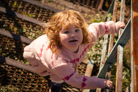 Young child exploring stairs at a park on a sunny afternoon in a cozy pink sweaterの写真素材