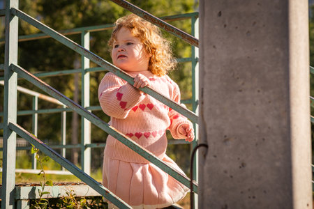 Young child exploring stairs at a park on a sunny afternoon in a cozy pink sweaterの写真素材