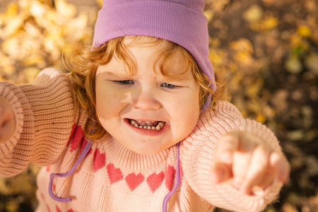 A young child with curly hair and a purple hat seems upset while reaching out with both hands. The park is filled with fallen leaves, showing the vibrant colors of autumn on a sunny day.の写真素材
