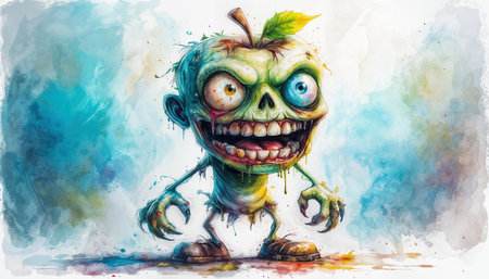 A colorful zombie apple character stands with a crazy expression, showing its large eyes and green leaf. This lively figure looks unique and playful against a bright, abstract background.の素材