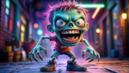 A colorful zombie with wild hair and exaggerated features stands in a dark alley filled with neon lights.の素材