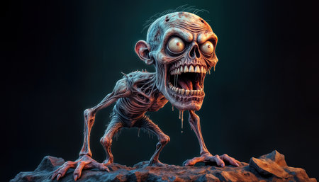 A zombie with pale skin and exaggerated features crouches on a rocky surface. Its mouth is wide open, revealing sharp teeth while a dark background adds to the menacing atmosphere.の素材
