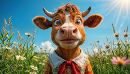 A cow with wide eyes and a curious look is positioned in a vibrant field of wildflowers under a clear blue sky. Sunlight enhances the scene, creating a cheerful atmosphere.の素材
