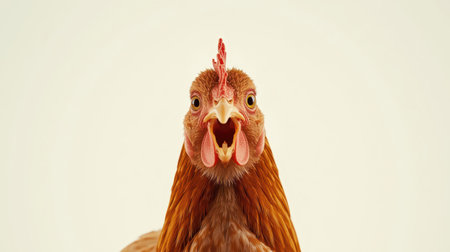 A close-up view captures the intricate details of a chicken's head, showing its soft feathers, bright eyes, and distinctive beak. The neutral background highlights its unique appearance.の素材