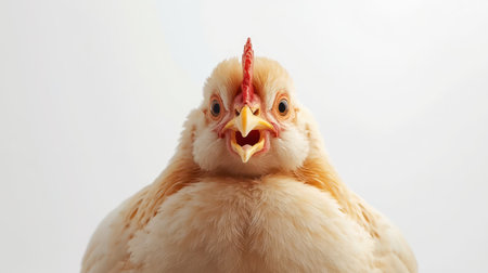 A close-up view captures the intricate details of a chicken's head, showing its soft feathers, bright eyes, and distinctive beak. The neutral background highlights its unique appearance.の素材