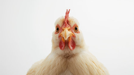 A close-up view captures the intricate details of a chicken's head, showing its soft feathers, bright eyes, and distinctive beak. The neutral background highlights its unique appearance.の素材