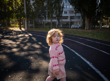 A young child with curly hair walks confidently on a running track in a park. Sunlight filters through trees, creating playful shadows on the ground as it approaches the afternoon.の写真素材