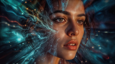 A woman gazes intently as beautiful colors and lights swirl around her, creating a mesmerizing effect. The scene captures emotions and mystery, blending reality with artistry.の素材
