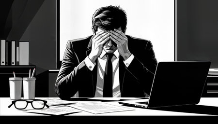 Business professional appears stressed while working at a cluttered desk with a laptop in a modern office settingの素材