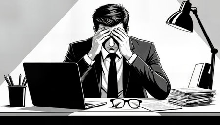 A young man in a suit shows signs of stress as he holds his head in his hands at a desk filled with papers and a laptop. This scene takes place in a bright office during a busy workday.の素材