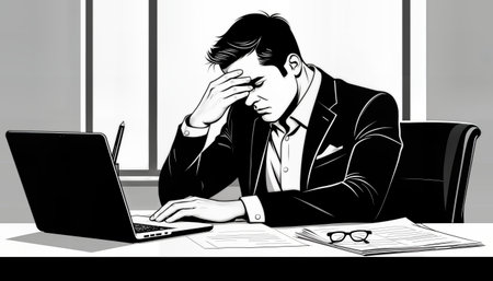 Business professional appears stressed while working at a cluttered desk with a laptop in a modern office settingの素材