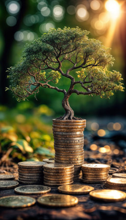 Growth of prosperity symbolized by a tree emerging from stacks of coins in a sunny forestの素材