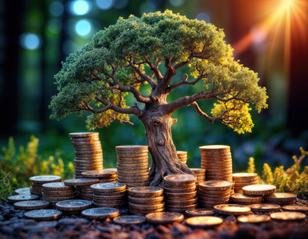 A tree stands tall above a pile of coins, representing growth and prosperity. Sunlight filters through the foliage, creating a serene and hopeful atmosphere.の素材