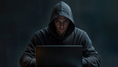 A young individual wearing a dark hoodie sits intently at a laptop in a dimly lit environment. The scene conveys a sense of mystery and focus, highlighting the person's engagement with the screen.の素材