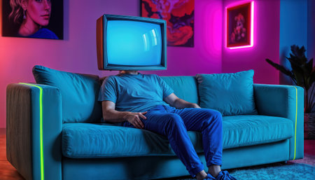 A figure sits comfortably on a vibrant blue couch in a stylish living room. Their head is replaced by a glowing blue television, creating a surreal atmosphere.の素材